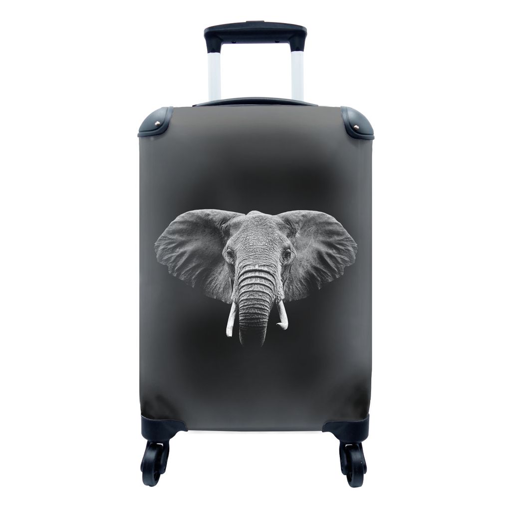 MuchoWow Koffer Handgepäck Trolley Rollkoffer Kleine Reisekoffer mit 4 Rollen - Elefant auf schwarzem Hintergrund - schwarz und weiß - Cabin Si...