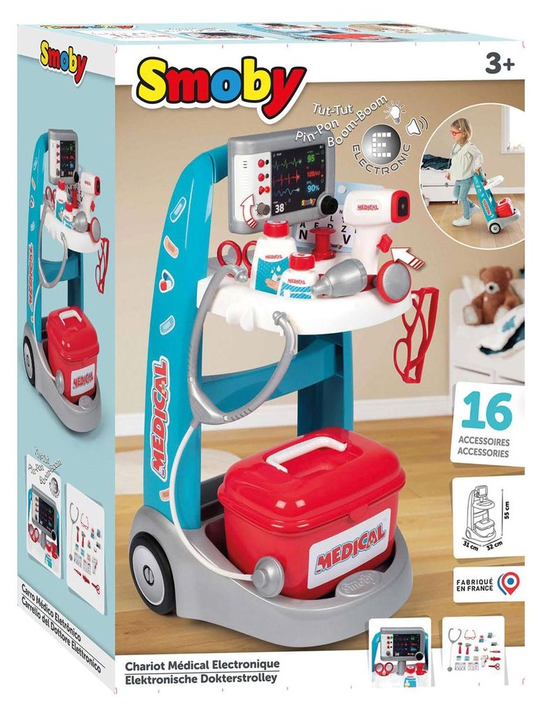 Smoby elektronische Arzt-Trolley Spielzeug mit Licht und Sound, 16-teilig