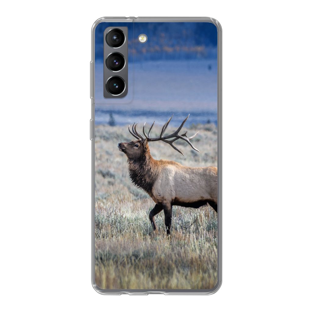 MuchoWow Handyhülle Schutzhülle Hülle für Samsung Galaxy S21 Hirsche - Elche - Gras Silikon Softcase Handy Hülle - Softcase