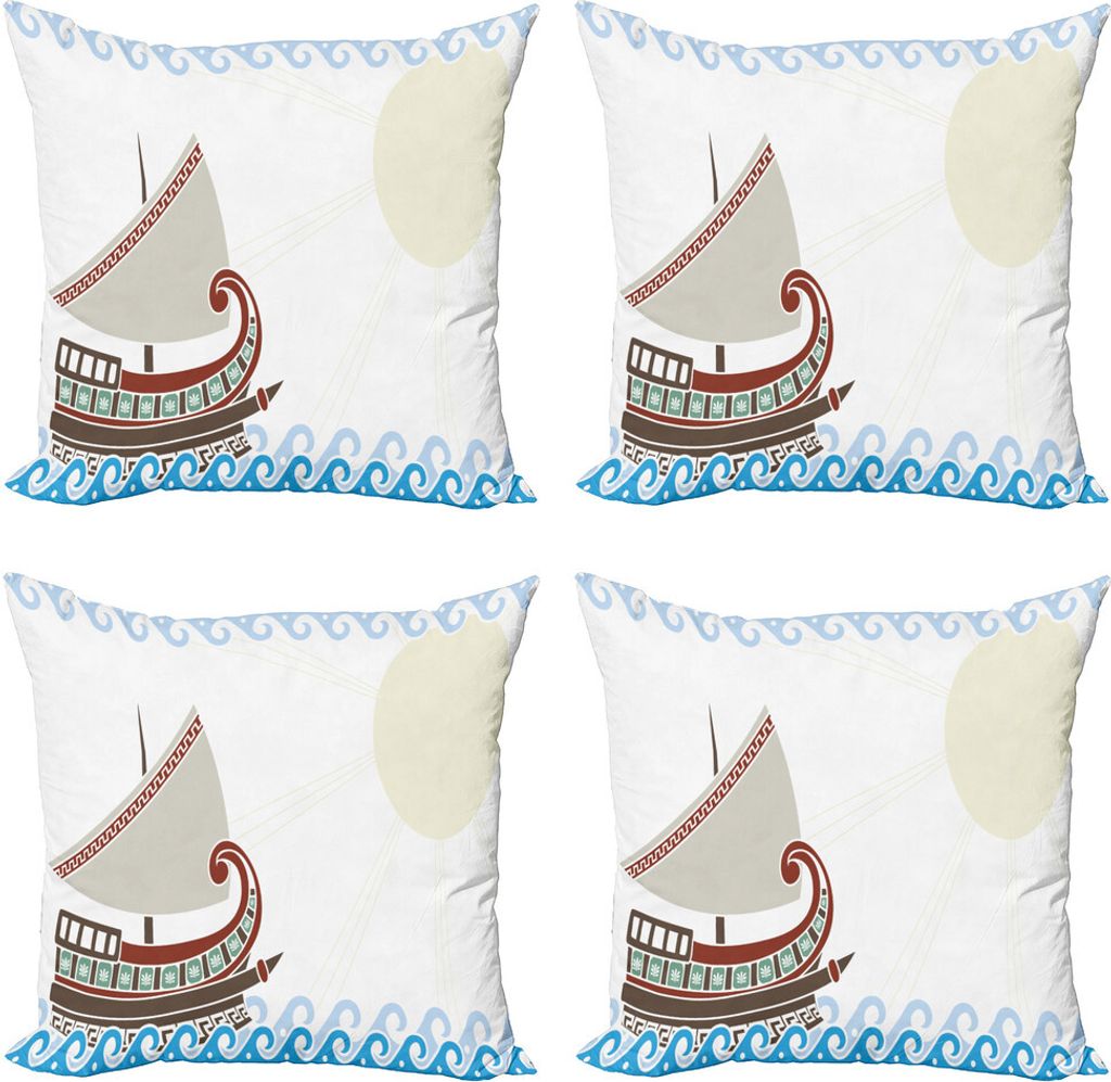 ABAKUHAUS Retro Kissenbezug Set (4 Stück), Aufwändige griechisches Schiff, Moderner Doppelseitiger Digitaldruck, 45 cm x 45 cm, Pale Blue Redwood...