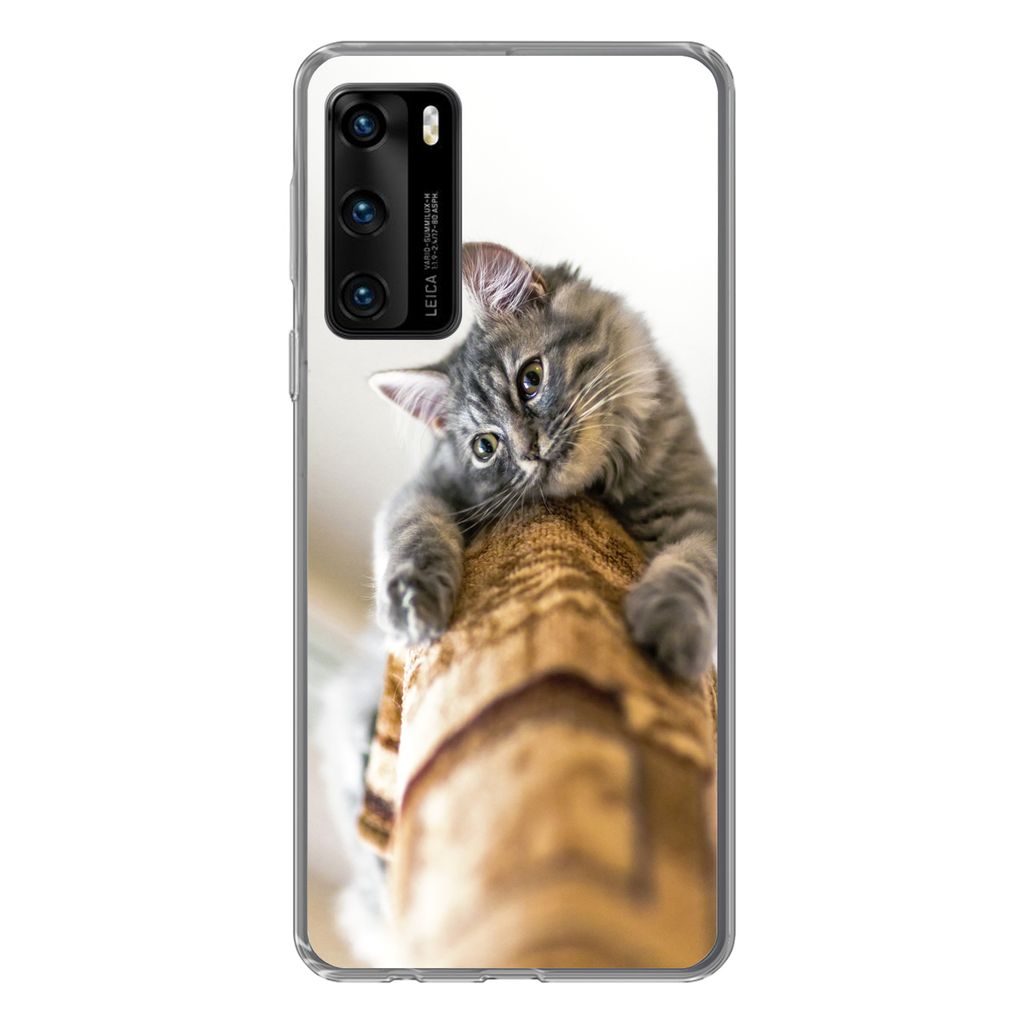 MuchoWow Handyhülle Schutzhülle Hülle für Huawei P40 Katze - Kratzbaum - Grau Silikon Softcase Handy Hülle - Handytasche