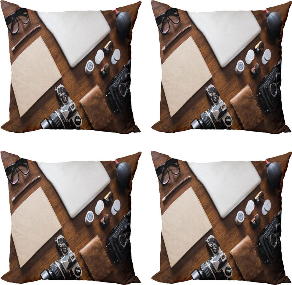 ABAKUHAUS Indie Kissenbezug Set (4 Stück), Arbeitsmittel auf Tabelle, Moderner Doppelseitiger Digitaldruck, 60 cm x 60 cm, Braun Beige Schwarz