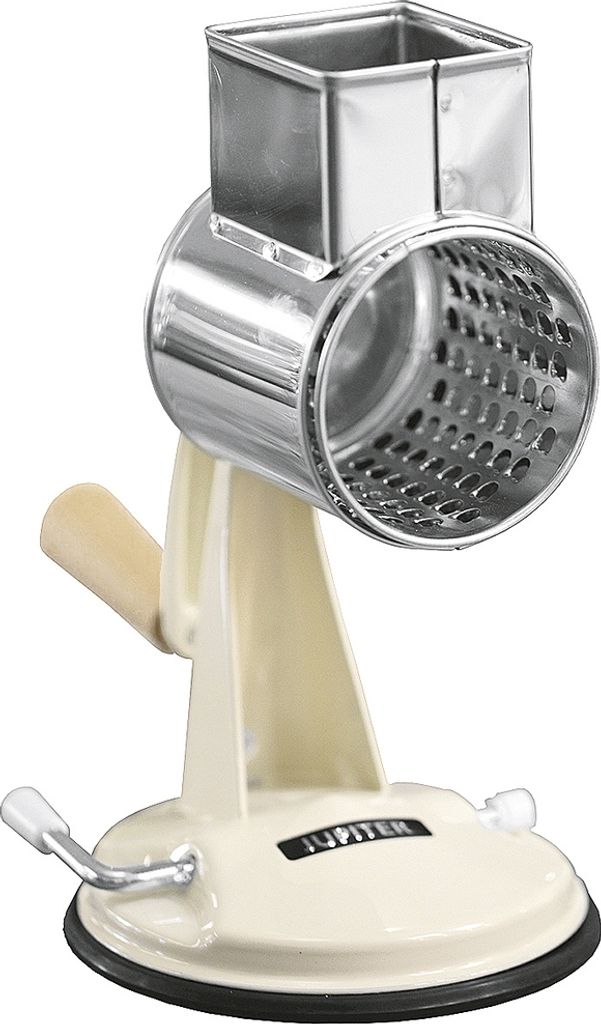 A Jupiter brand rotary grater with a beige base and a silver grating drum, shown against a white background.
