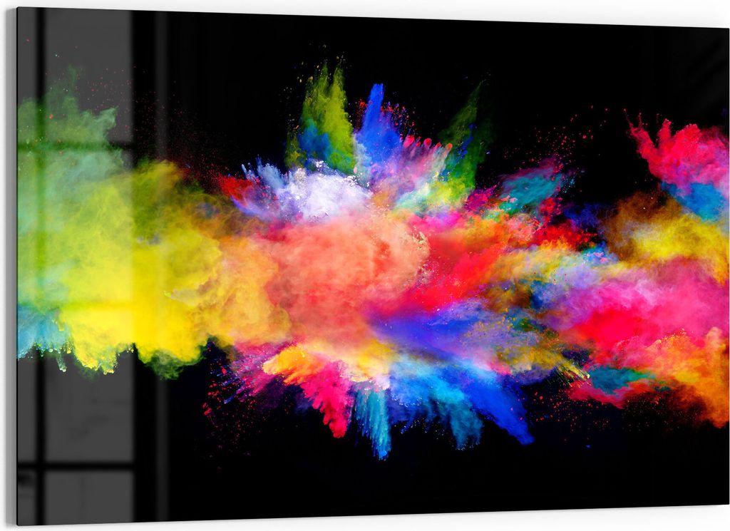 DEQORI Glasbild Echtglas 90x60 cm 'Zusammenknall Farbpuder' Wandbild Bild modern Deko