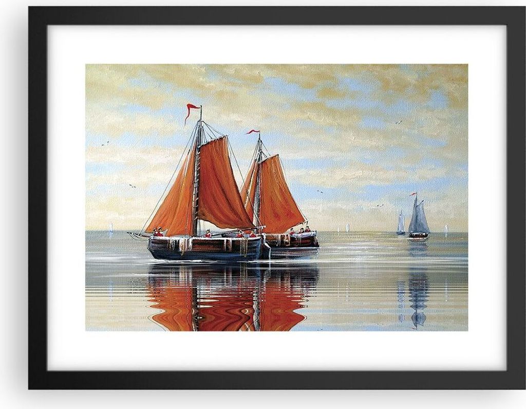 Gerahmtes Poster - Schwarzer Rahmen - Segelschiffe Öl Orange - 40x30 cm - Wand Bild - Wanddeko - Wandbilder - Kunstposter - Wandposter - Bilderrah...