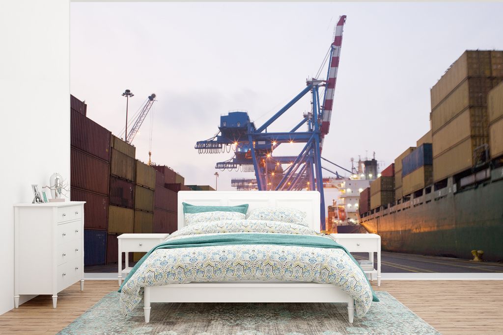 MuchoWow Fototapete für Wohnzimmer oder Schlafzimmer Wandtapete Vinyl Motivtapete Ein Hafen voller Container - 320x240 cm - Tapeten