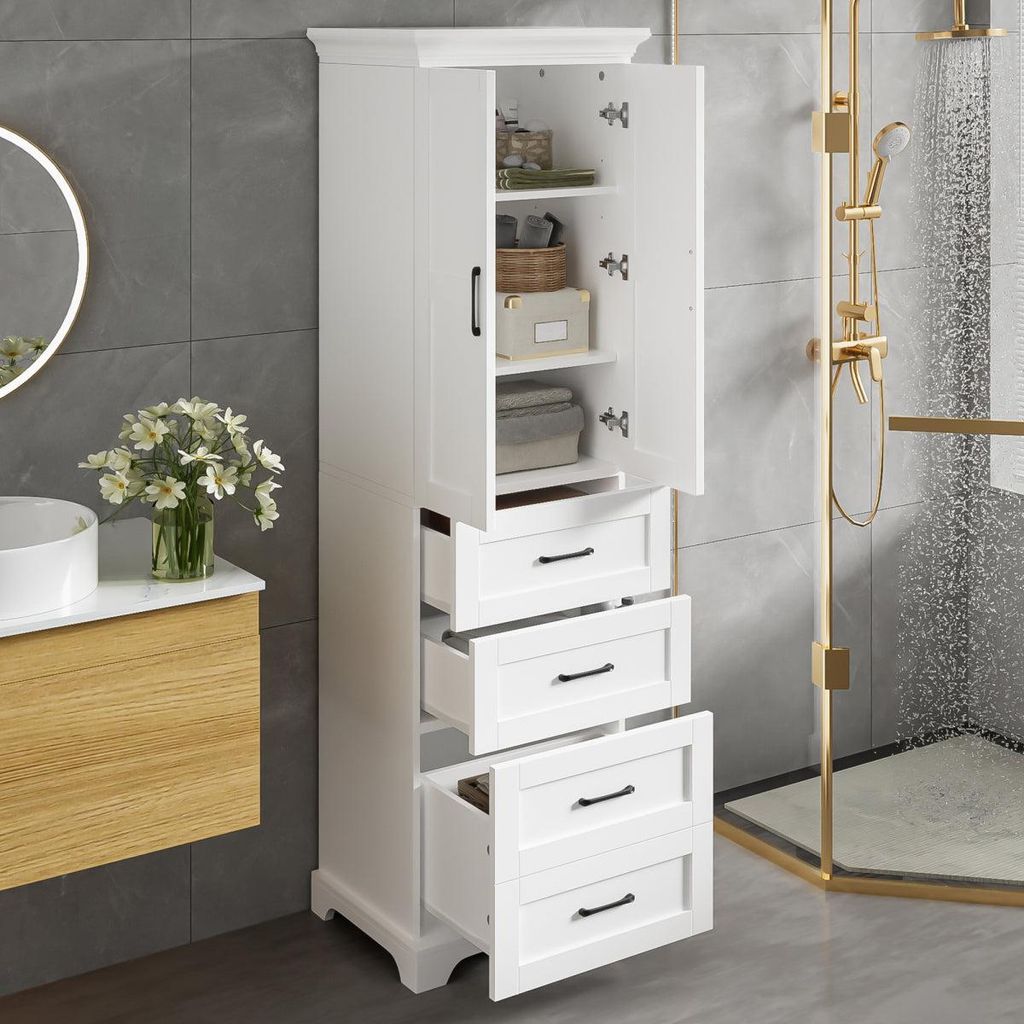 Hochschrank Badezimmer 180cm Weiß, MDF Badschrank mit 3 Schubladen & Schrankfach, Verstellbare Ablagen, Soft-Close, Schwarze Griffe