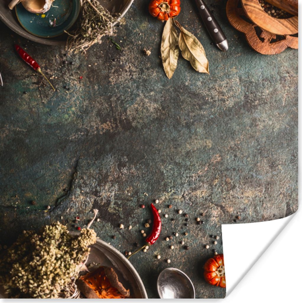 MuchoWow Poster Marmor - Gemüse - Herbst - Kürbis - Rustikal - Kräuter 75x75 cm - Wand Dekoration