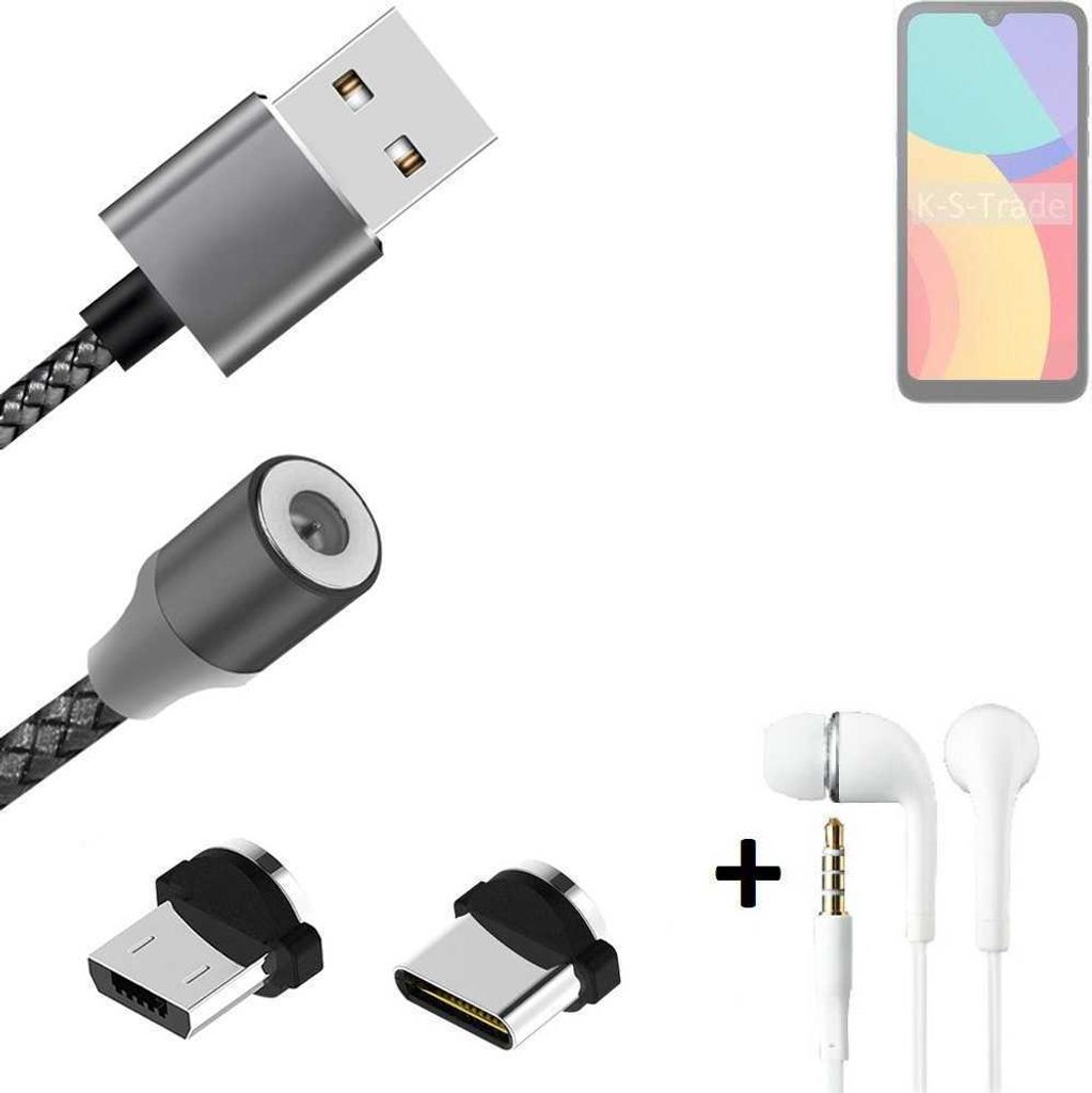 K-S-Trade Hochwertiges Magnet-Lade-kabel Sync-Kabel Daten-Kabel + Kopfhörer für Alcatel L1 (2021) mit USB-Typ-C-Anschluss und Micro-USB-Anschluss