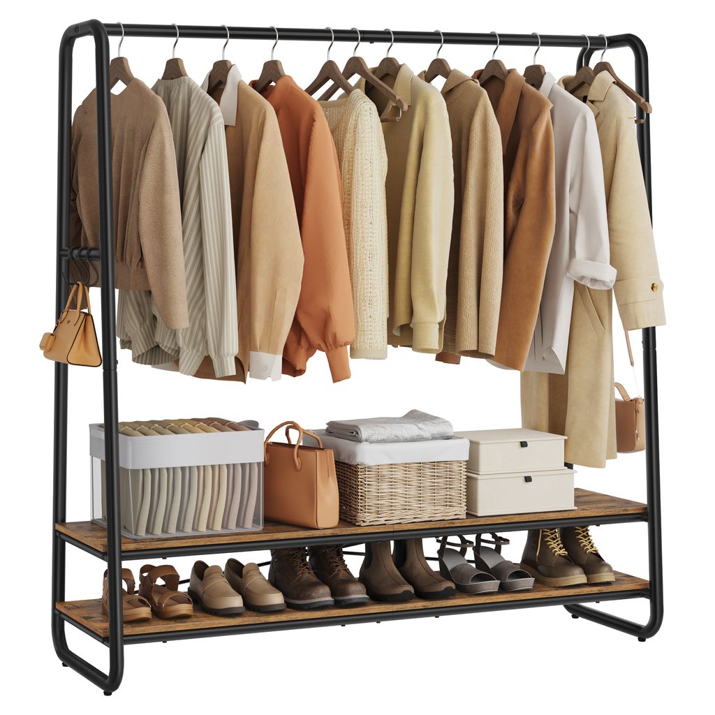 Kleiderständer, Garderobenständer, Garderobe, 2 Ablagen, 6 Haken in S-Form, Stahlgestell, vintagebraun-schwarz