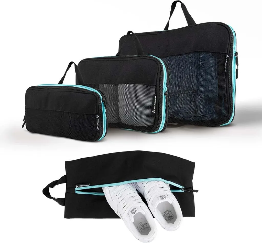 Set 4 Cubi Salvaspazio ATACAMA per Valigie | Nero-Turchese Resistenti
