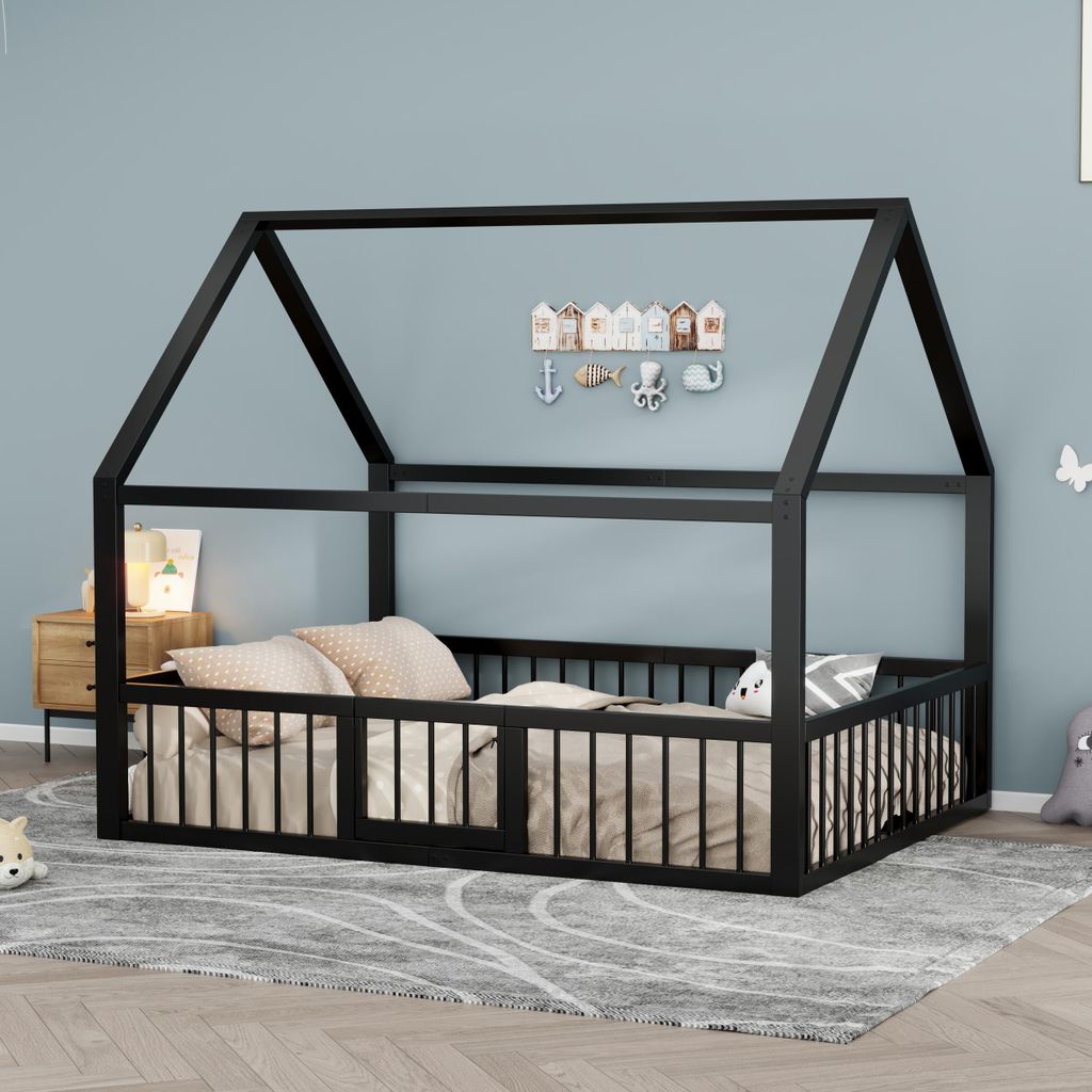Merax Kinderbetten 140x200 cm, Metallbett, Eisenbett mit Dach & Brüstung, Hausbett, Kinder- & Jugendbett, Bodenbett, Schwarz