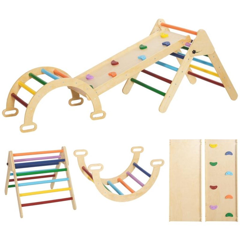 LVHOM 5-in-1 Klettergerüst aus Holz, Faltbares Kletterdreieck für Kleinkinder, Pikler Dreieck mit Rutsche, Indoor Motorikspielzeug