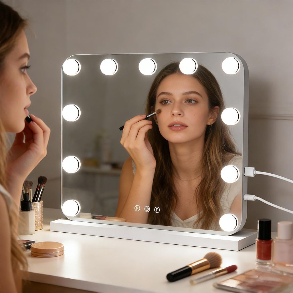 Schminkspiegel mit Beleuchtung, 50X40cm, Mit USB, Kleiner Hollywood Spiegel,3 Farbtemperaturen, Wandspiegel, Tischspiegel, mit Touchscreen-Steuerung