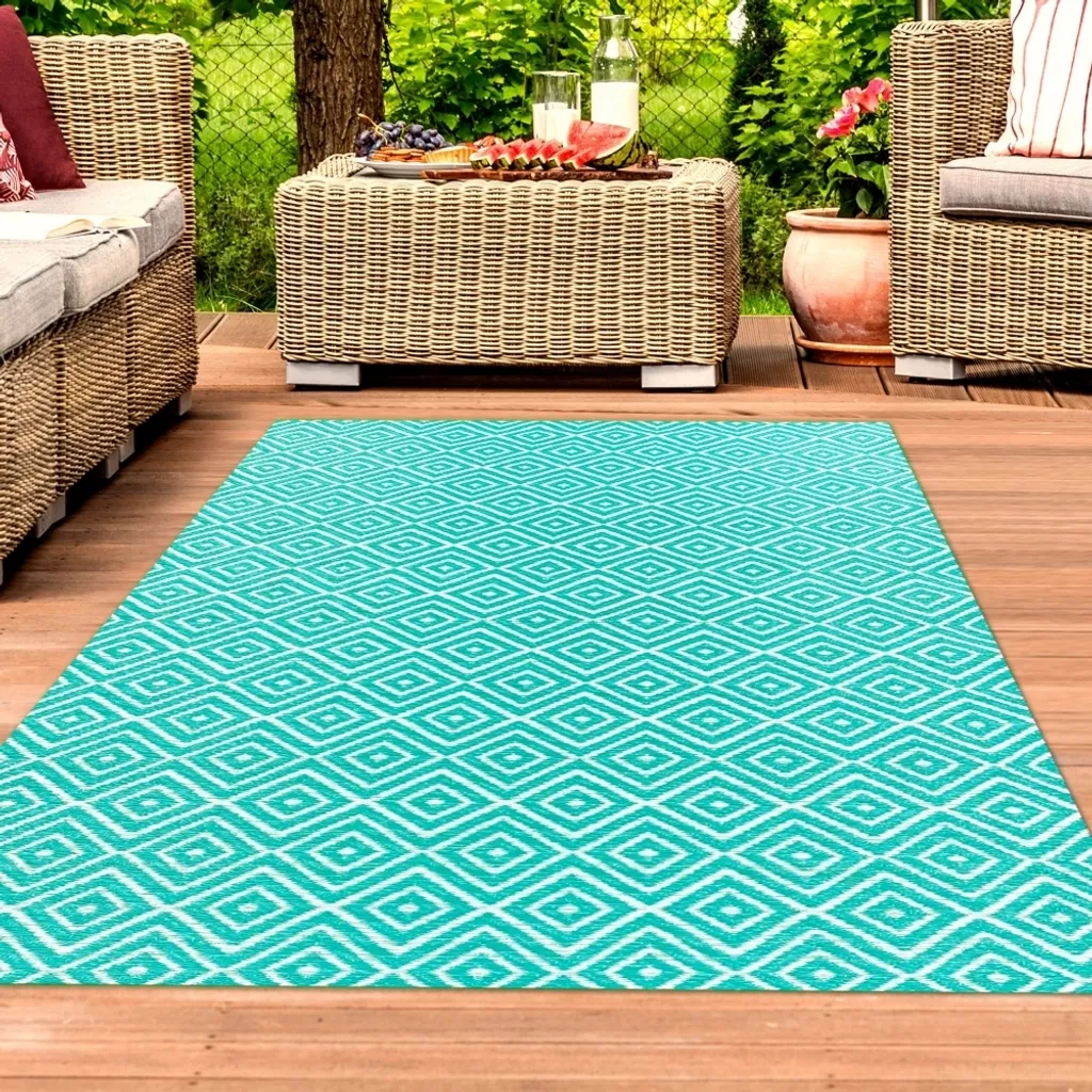 Grand tapis extérieur pétrole 150x220 cm lavable et motif losange