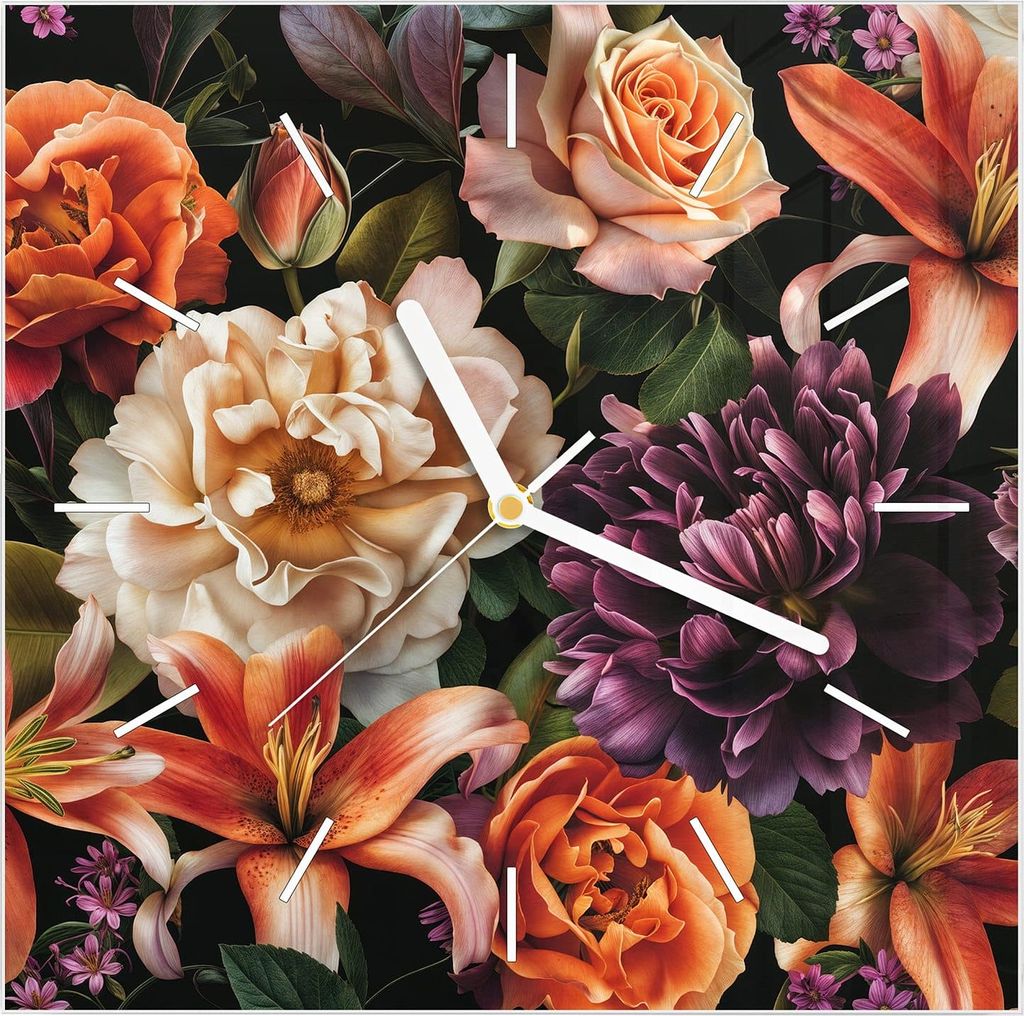 Wanduhr aus Glas mit Motiv Blumenpracht- 30 x 30 cm - inkl. Aufhängesystem