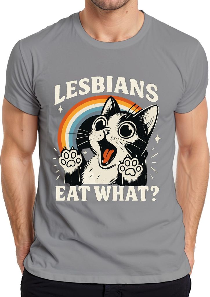 Lesben essen was Katze Regenbogen Retro lustig queer süß frech Herren T-Shirt, Grau, M