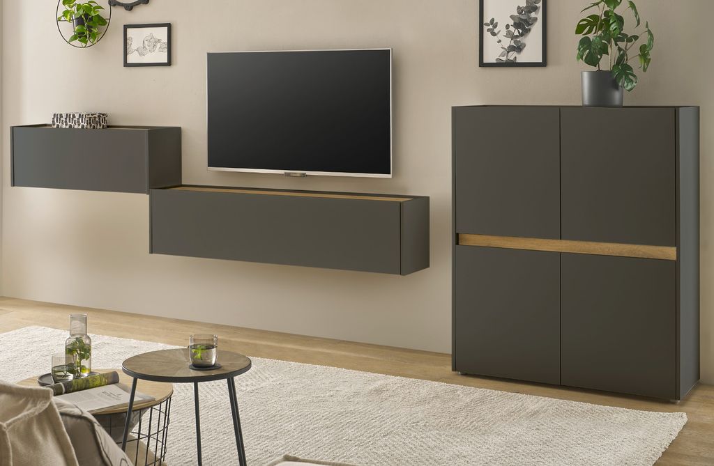 Wohnwand mit Sekretär in grau und Eiche, Wohnkombination Center 3-teilig 370 cm