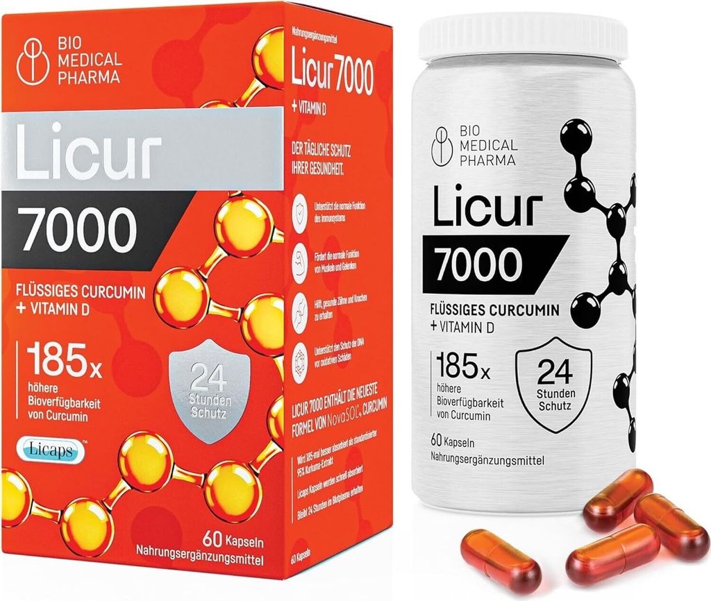 Kurkuma Kapseln mit Vitamin D3 – 185x höhere Bioverfügbarkeit – Hochdosiertes Mizellen Curcumin – 1 Kapsel täglich – Licur 7000 (2 Monatspackung)