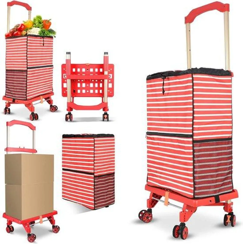 Fini le mal de dos avec ce chariot de courses pliable rouge pratique
