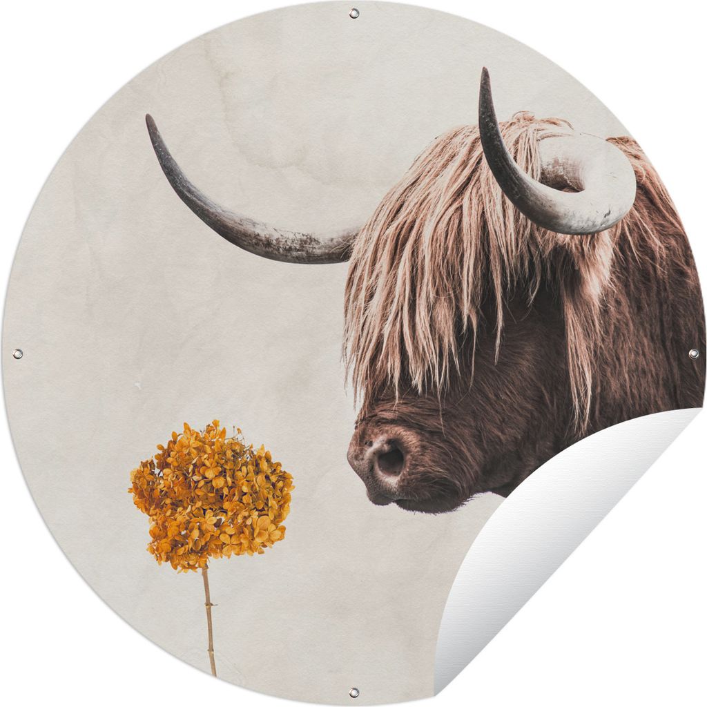 MuchoWow Gartenposter Outdoor-Poster Rund Schottischer Highlander - Kuh - Blume Ø 90 cm Gartendeko Rundes Poster draußen