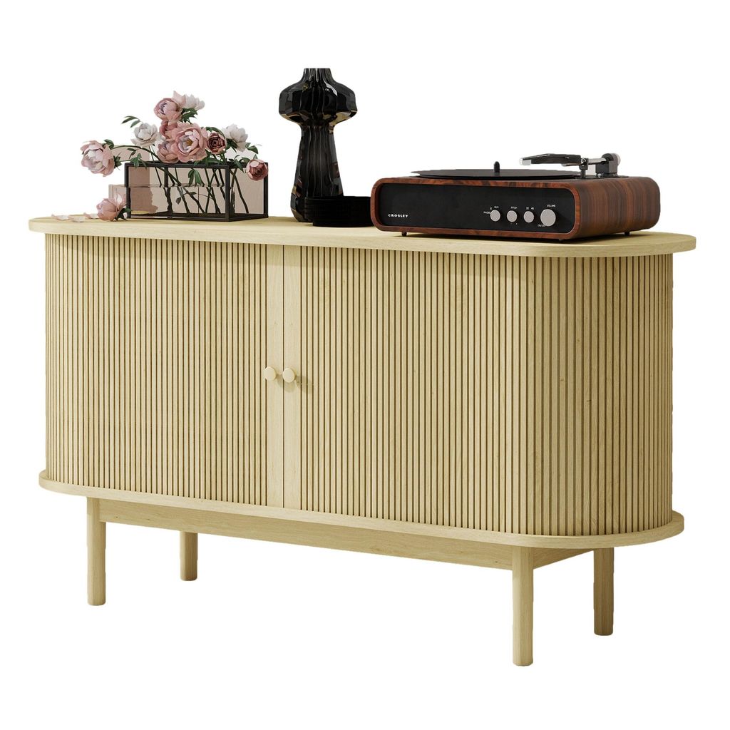 AIORBER Retro Sideboard Holz, Lamellen Kommode mit Schiebetüren und Kiefernholzbeinen, 138cm Schrank verstellbare Regale, Naturholz
