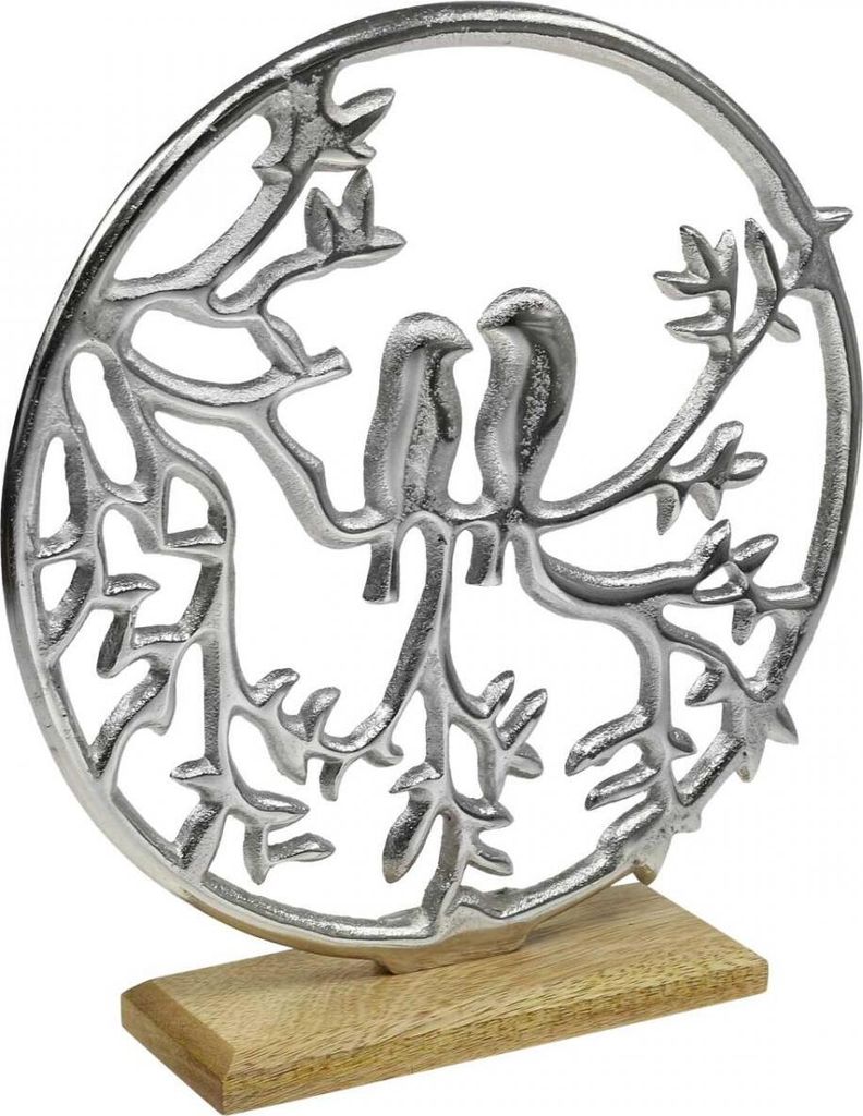 Vogel Dekoring Silbern - Tischdeko Frühling Asiatisches Flair - Kirschblüten Ast Metall & Mangoholz - Dekoartikel H37,5cm