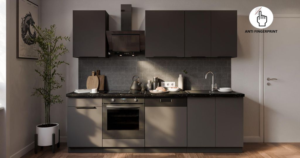 Küche ARIA K-BL Basic 250 cm Anti Fingerprint Küchenzeile Küchenblock Singleküche Einbauküche