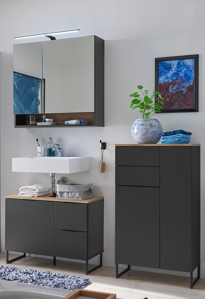 Badezimmer-Set >Denver< (3-tlg.) in schwarz matt / Evoke Eiche Nachbildung - 160x195x35 (BxHxT)