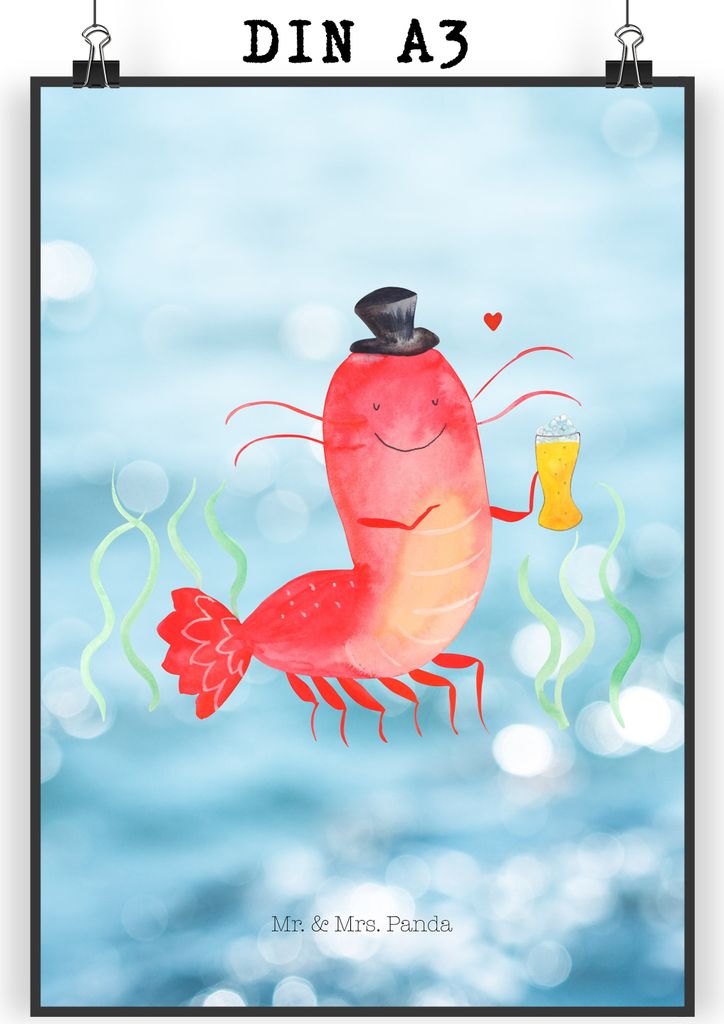 Mr. & Mrs. Panda Bild Hummer Weizen DIN A3 - Oceanblue - Geschenk, Kochen, Garnelen, Kneipe, Meer, drucke, wanddeko, Kunstdruck, Plakat, Wandbild, ...