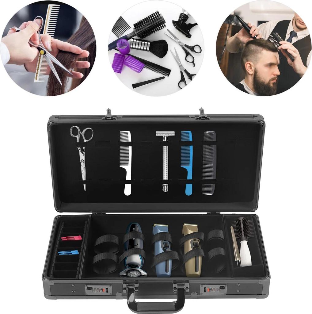 Friseur Werkzeugkoffer - Transportkoffer - Zahlenschloss - Metall - Hartschale - Für Styling-Tools - Schwarz