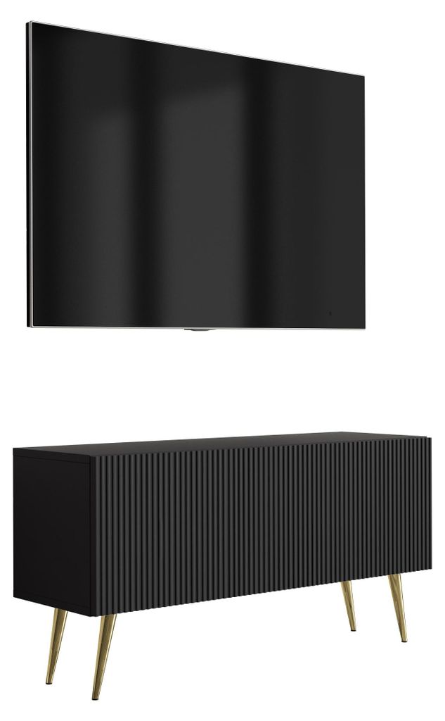 TV-Schrank mit geriffelter Front, Mattschwarz, goldfarbene, schräge Beine, 100 × 32 × 52 cm