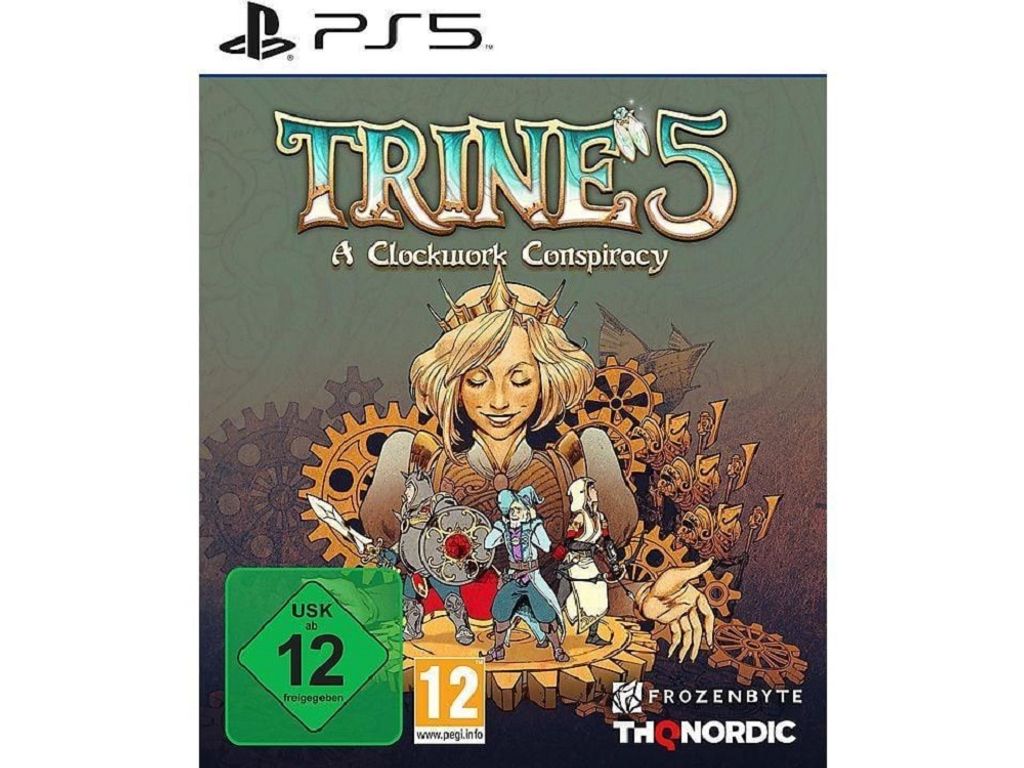 The image shows the front cover of the video game 'Trine 5 - A Clockwork Conspiracy' for PlayStation 5.