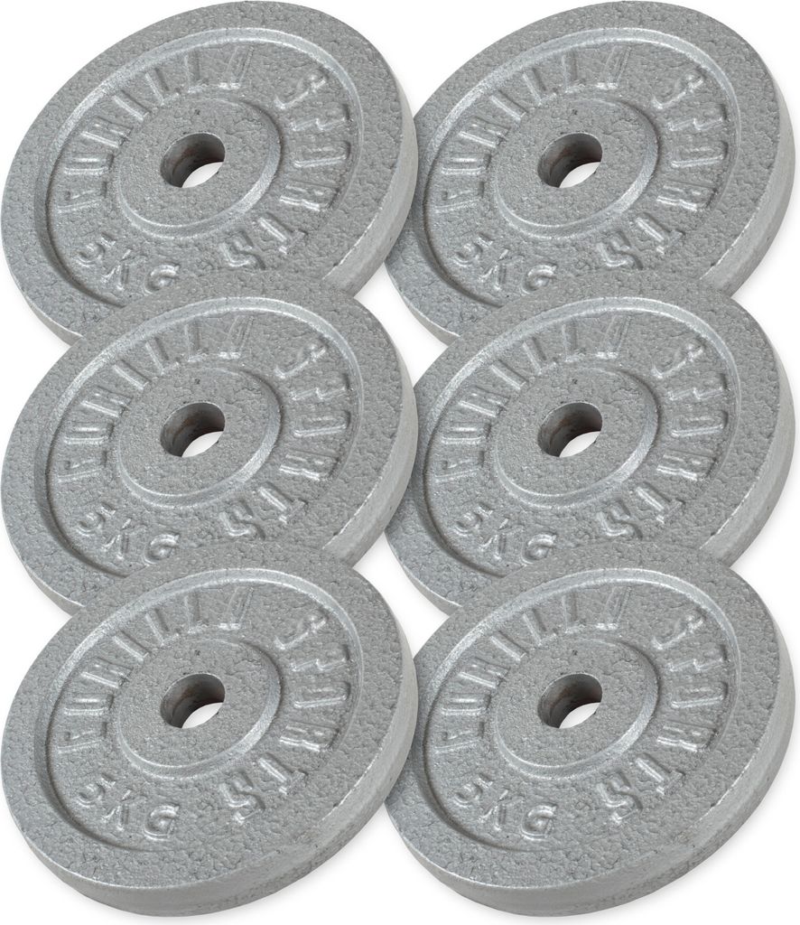 GORILLA SPORTS Hantelscheiben - 30 kg Set, 6x5 kg Gewichte, 30/31 mm, Gusseisen, Silber - Gewichtsscheiben, Bumper Plates