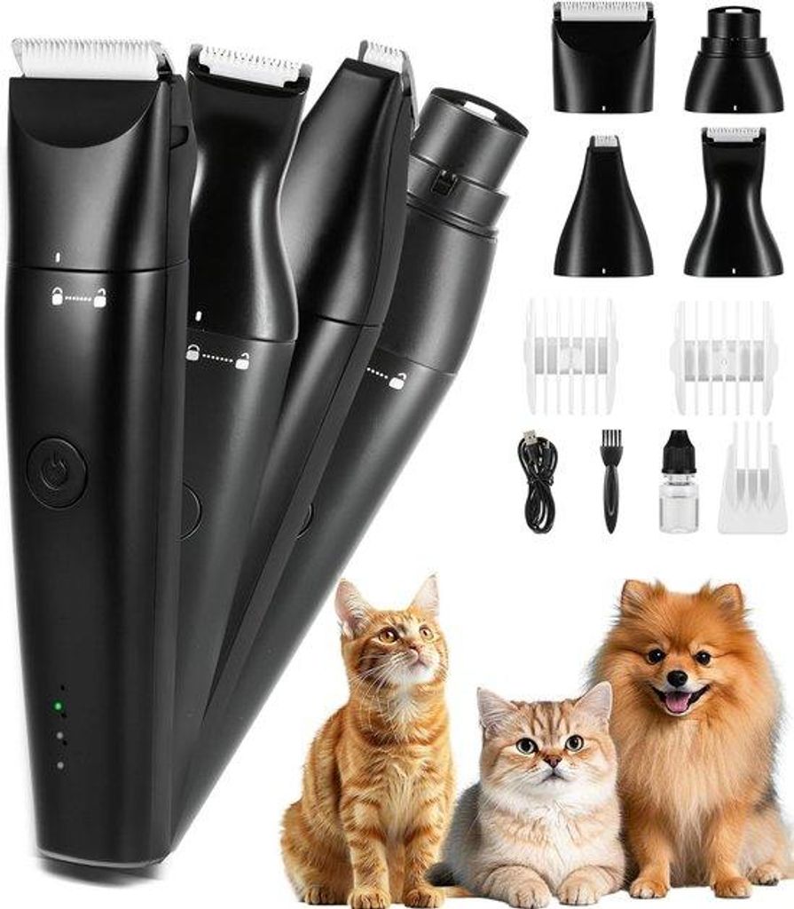Hundefriseur-Set 4-in-1, USB-C-Ladegerät, 2-Geschwindigkeiten, Kabellos, für Kurzhaar-Hunde und Kleintiere.