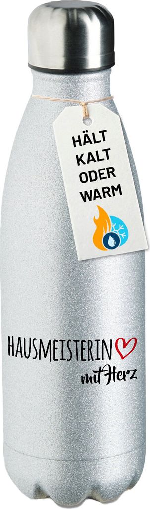Huuraa Trinkflasche Hausmeisterin mit Herz 500ml Silver Edelstahl Wasserflasche Trinkflasche Geschenkidee