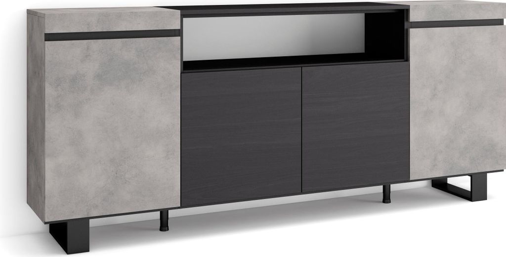 Sideboard, Highboard, 200x35x87cm, 4 Türen, Industriedesign, Zementgrau und Schwarz