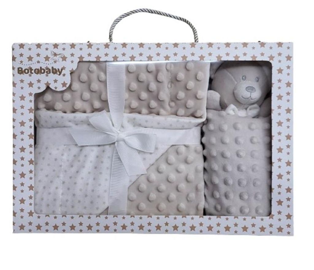 Baby Geschenkset: Wendedecke 75x100 cm + Kuscheltier Teddy – Beige mit Sternen – Geschenkbox