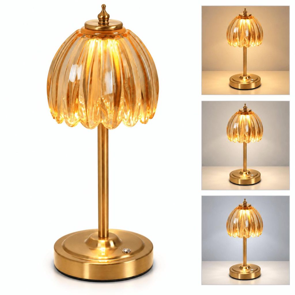 Akku-Tischlampe mit bernsteinfarbenem Glasschirm, Produktbild 