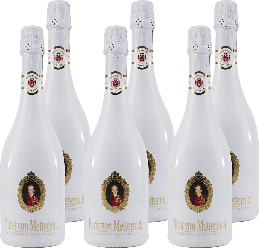 Six bottles of Fürst von Metternich Chardonnay Sekt are arranged in two rows on a white background.