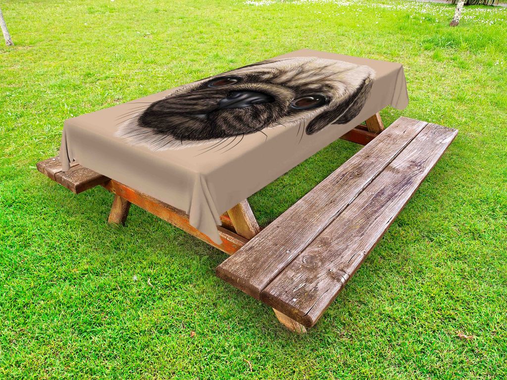 ABAKUHAUS Mops Tischdecke Outdoor, Ausführliche Porträt-Zeichnung eines Hunde-realistischen Designs der Haustier-Tier-Digital-Kunst, Tan Pale Bro...