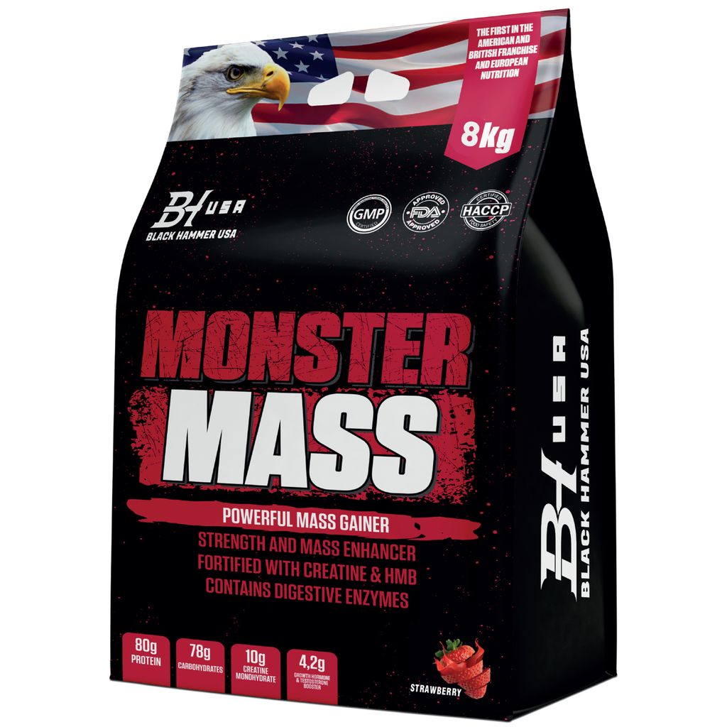 Monster Mass 8 kg Erdbeere – Premium Weight Gainer mit Protein, Kohlenhydraten, Creatin & HMB für Muskelaufbau & Regeneration - Black Hammer USA