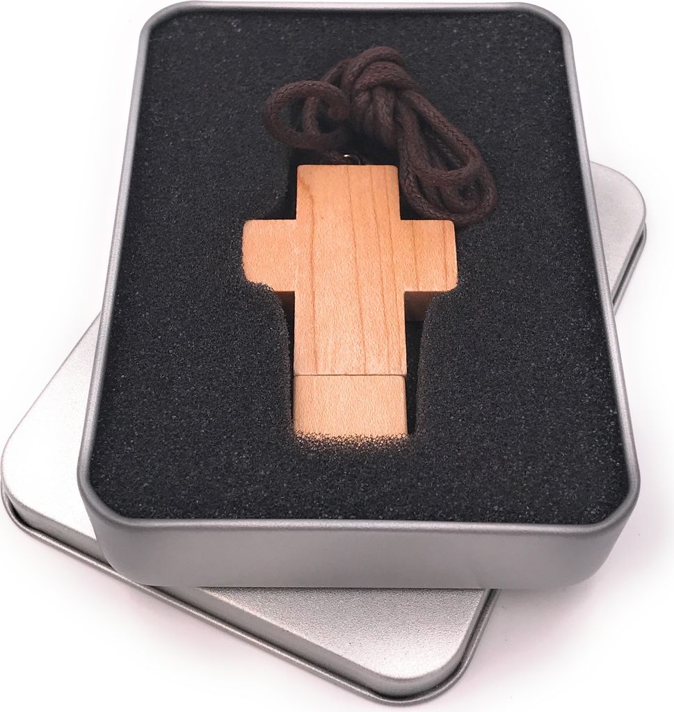 Onwomania Kreuz aus echtem Holz Christi USB Stick in Alu Geschenkbox 16 GB USB 2.0