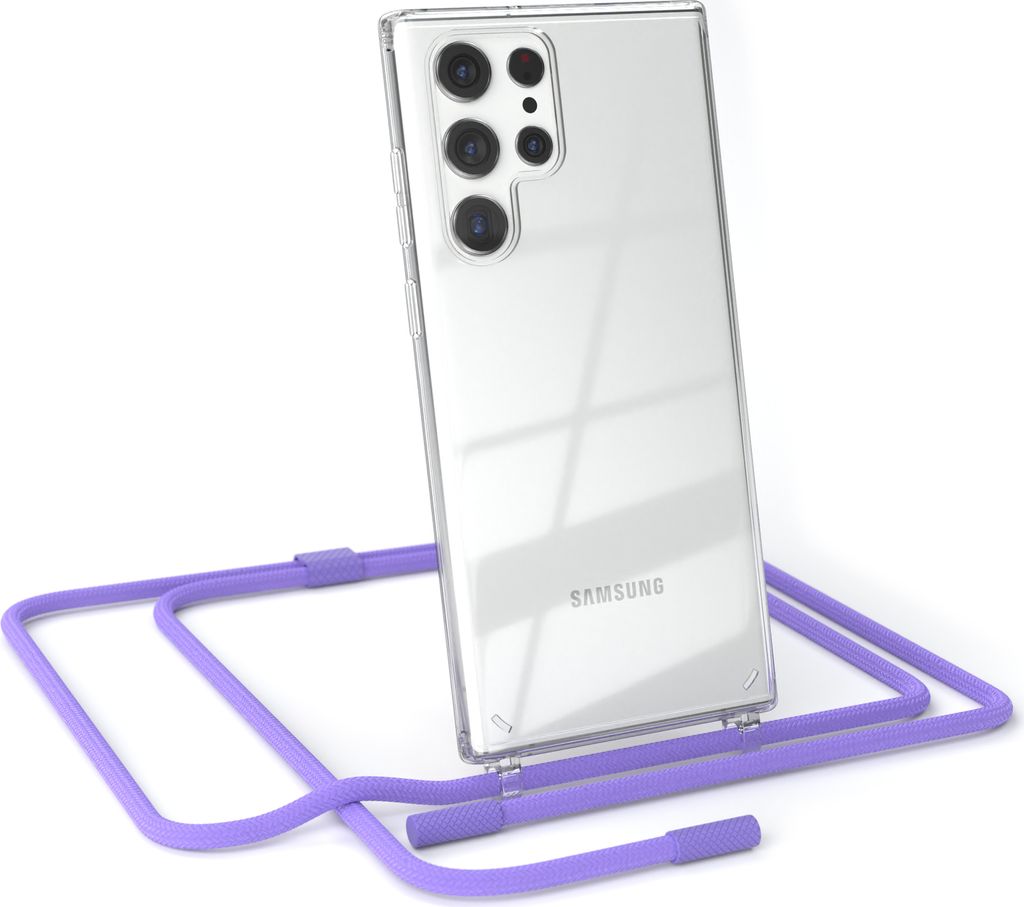 EAZY CASE Handykette für Samsung Galaxy S22 Ultra 5G, Clear Case aus Silikon, mit Umhängeband, abnehmbare Endstücke, Handyband in Violett