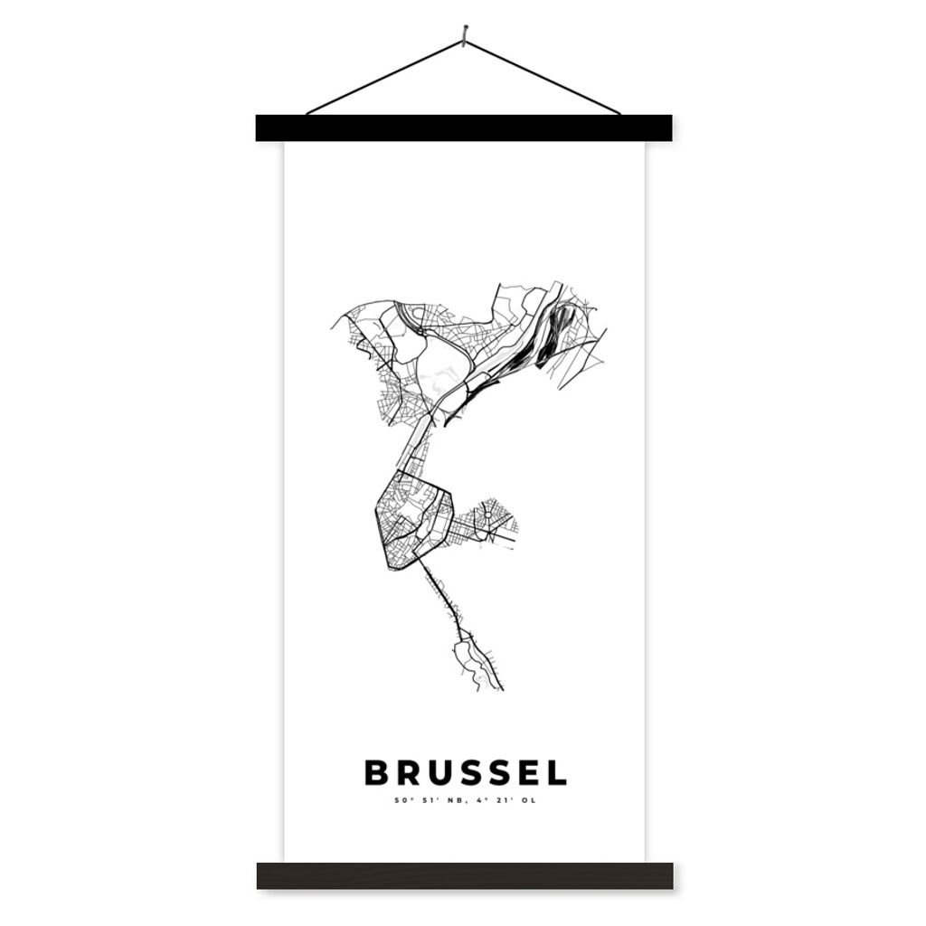 MuchoWow Textilposter Belgien - Brüssel - Stadtplan - Karte - Schwarz und weiß - Karte 60x120 cm mit schwarzem Rahmen - Magnete