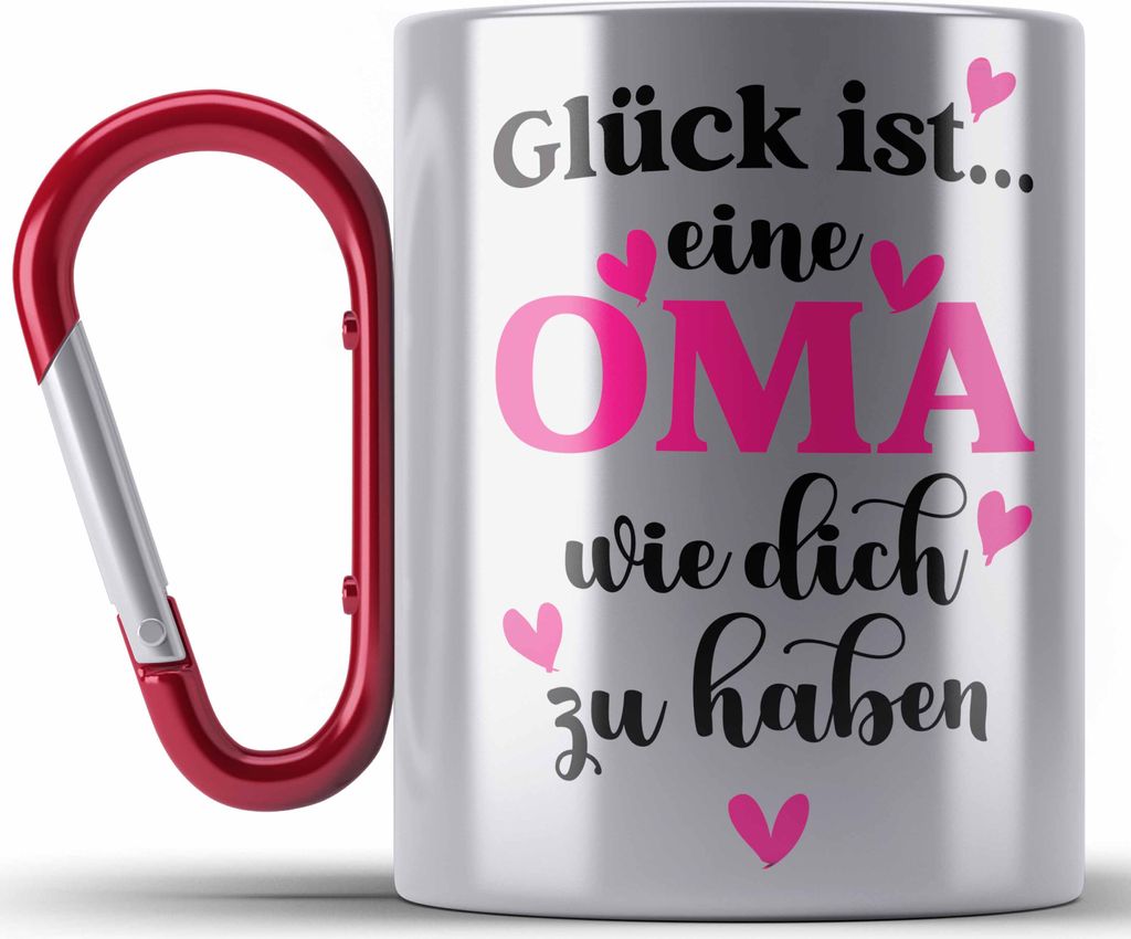 Trendation - Oma Edelstahl Tasse Karabiner mit Spruch Geschenk von Enkel für Beste Oma Muttertag Geburtstagsgeschenk (Rot)