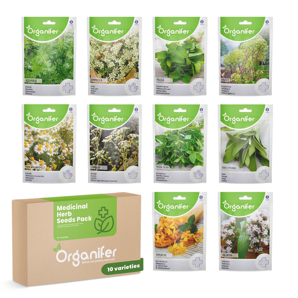 A collection of Organifer medicinal herb seed packets arranged around a box of the same brand.