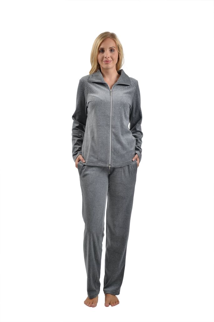 DeSen Damen Velours Nicki Hausanzug Freizeitanzug Nicki-Anzug mit Reißverschluss und Glitzersteinen Grau Melange 36/38
