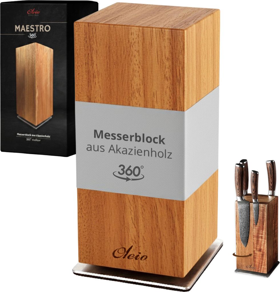 Oleio Maestro 360° Messerblock aus massivem Akazienholz drehbar, für bis zu 8 Messer, Edelstahlbasis