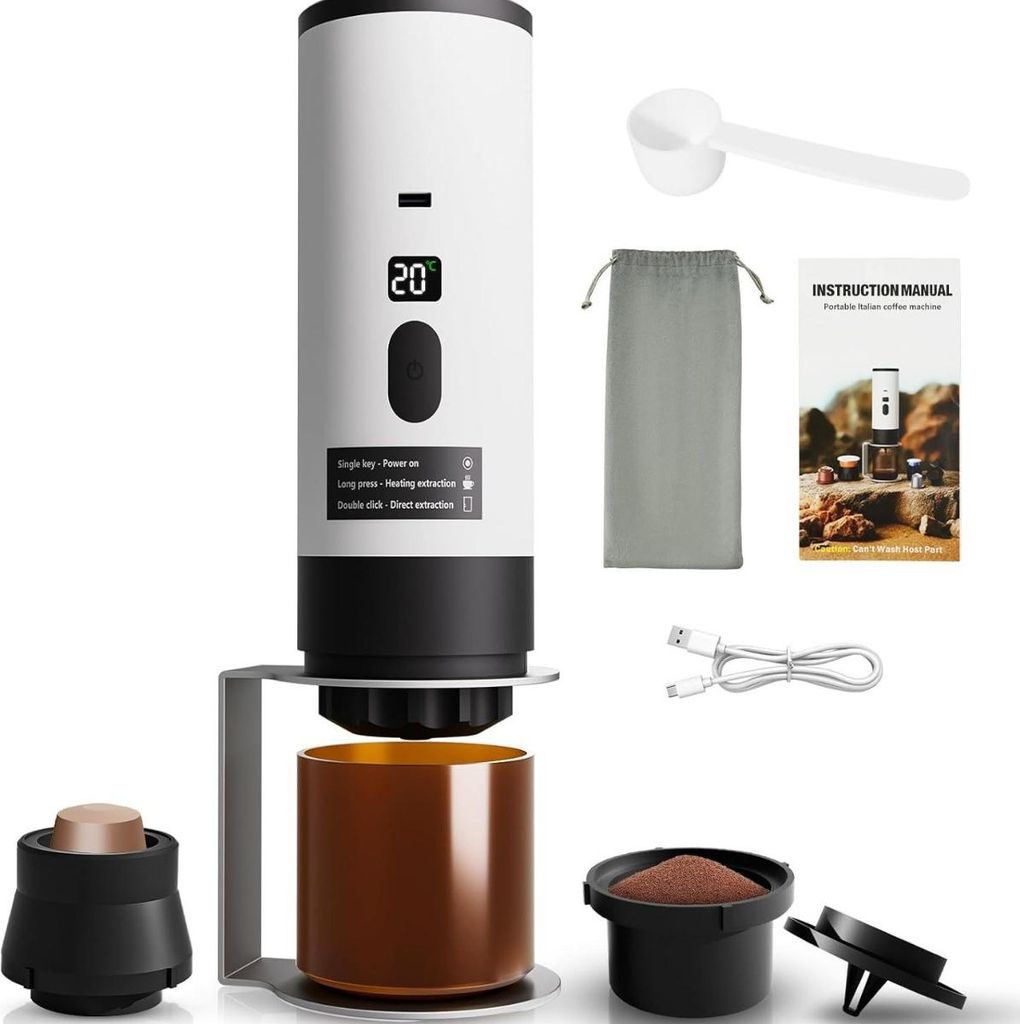 INF Tragbare Kapsel Kaffeemaschine mit Ständer & Beutel - Elektrischer Espressokocher Weiß
